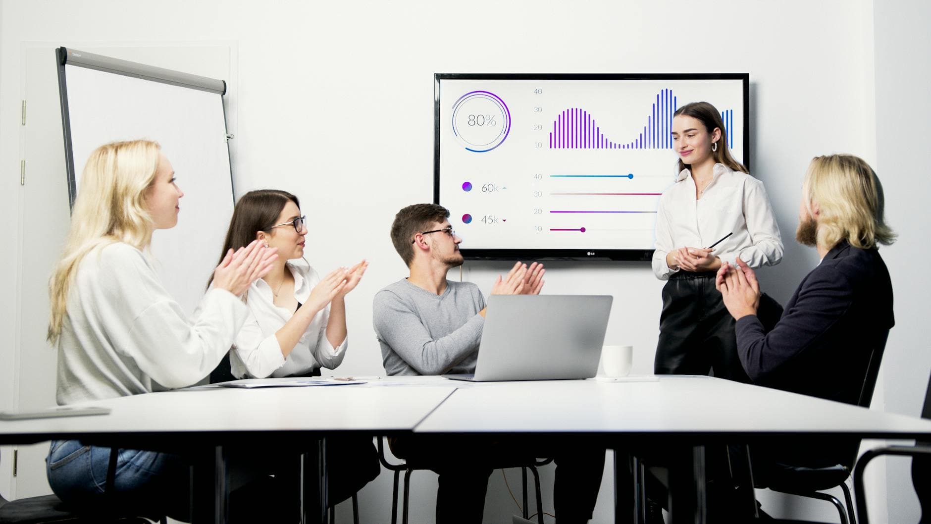 Présentation d'équipe avec graphiques de performance sur écran