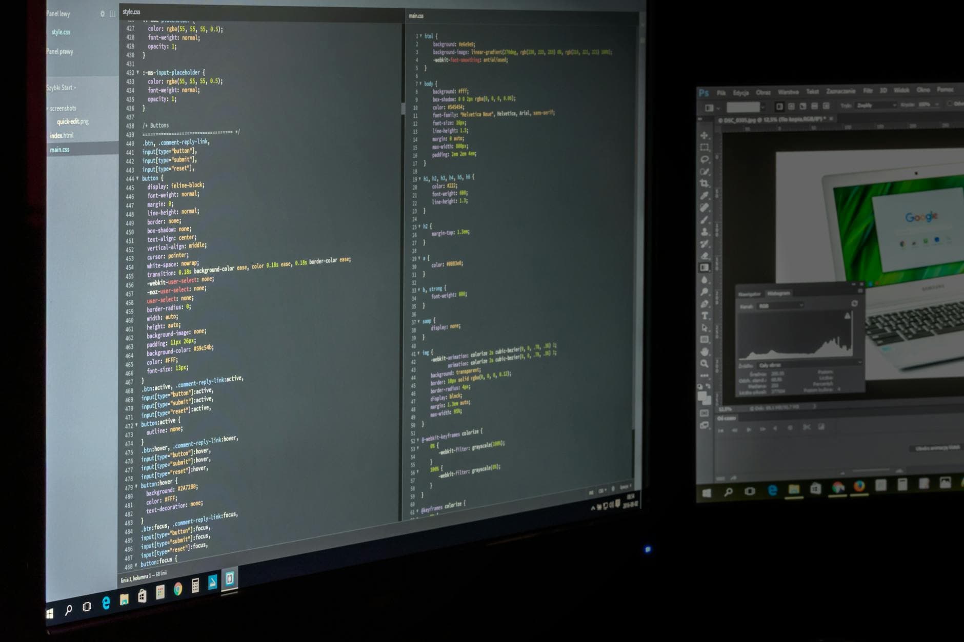 Dual-monitor setup with code editor open and a SQL query on screen