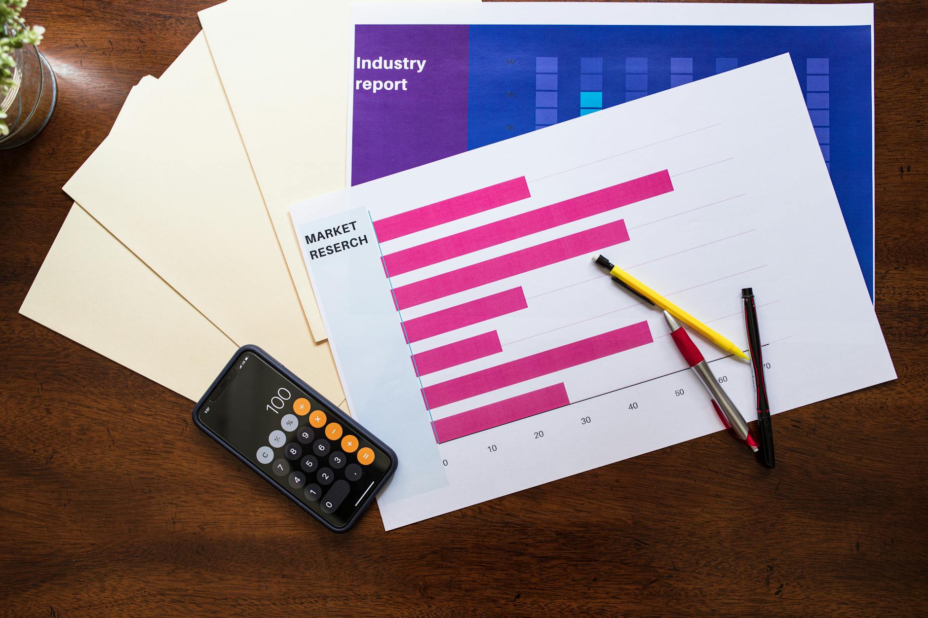 Market research reports and calculator on a desk, illustrating LTV CAC analysis