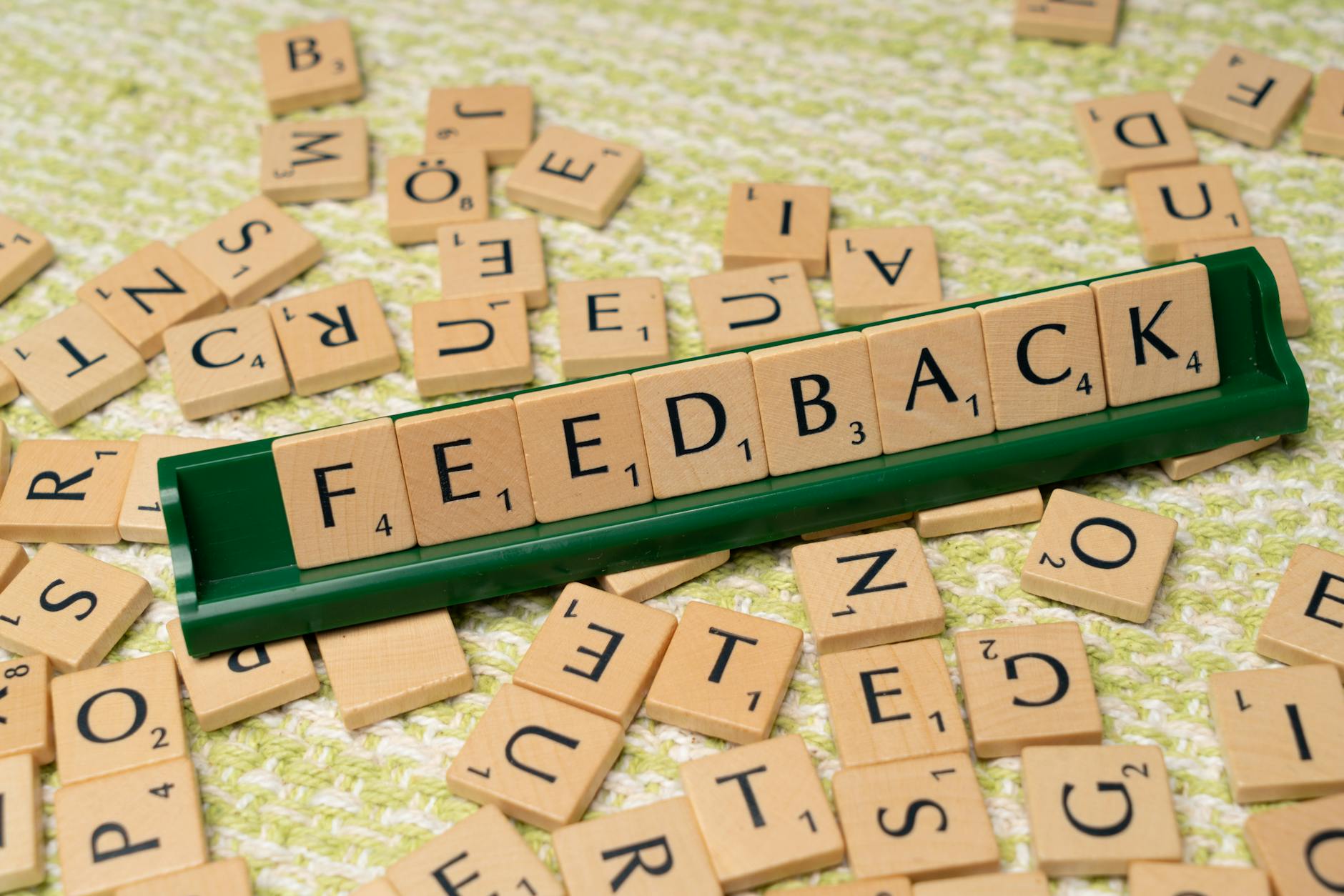 Wooden letter tiles spelling 'feedback' on a green rack