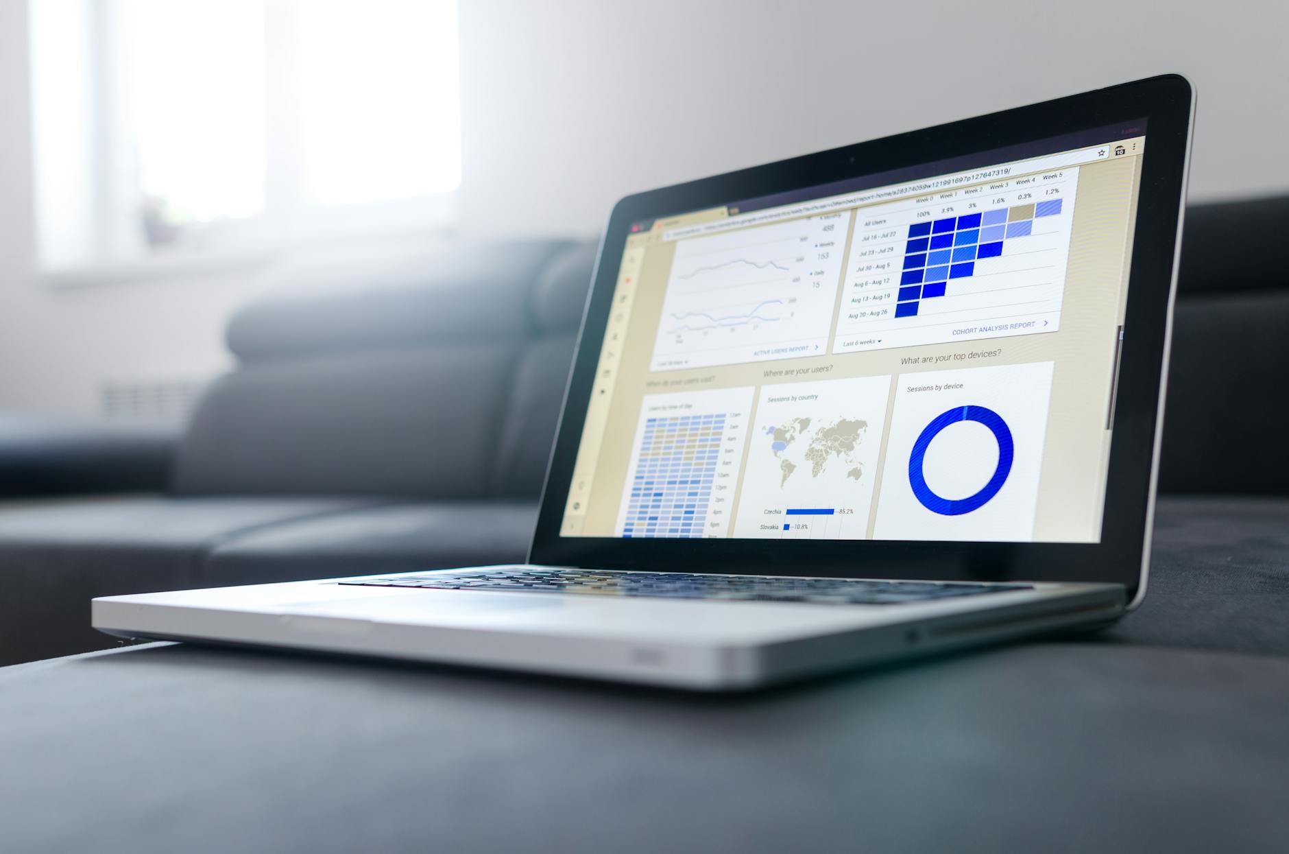 Laptop displaying data charts and analytics graphs on a bright desk