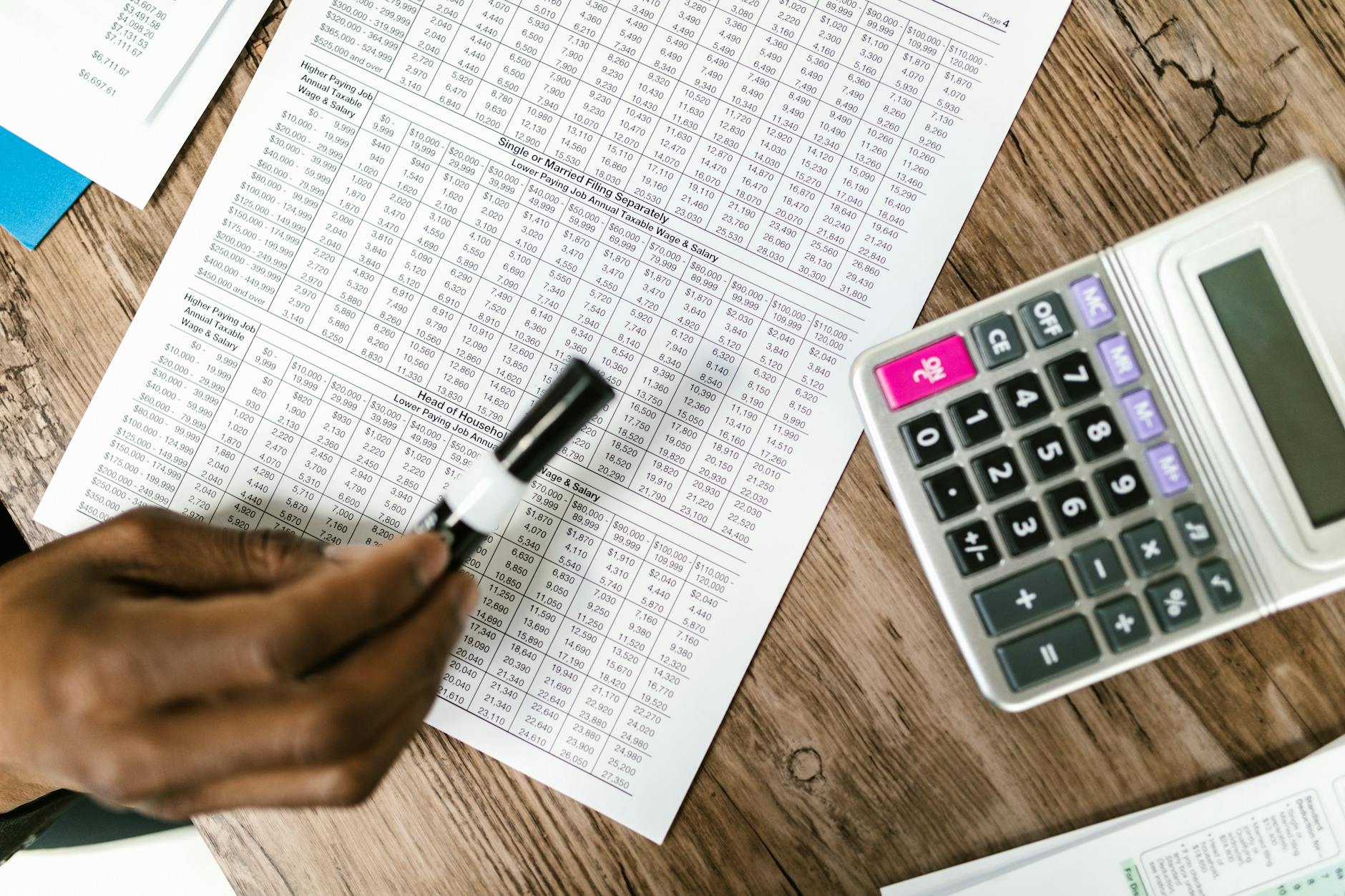 Close-up of spreadsheet documents and a calculator on a desk